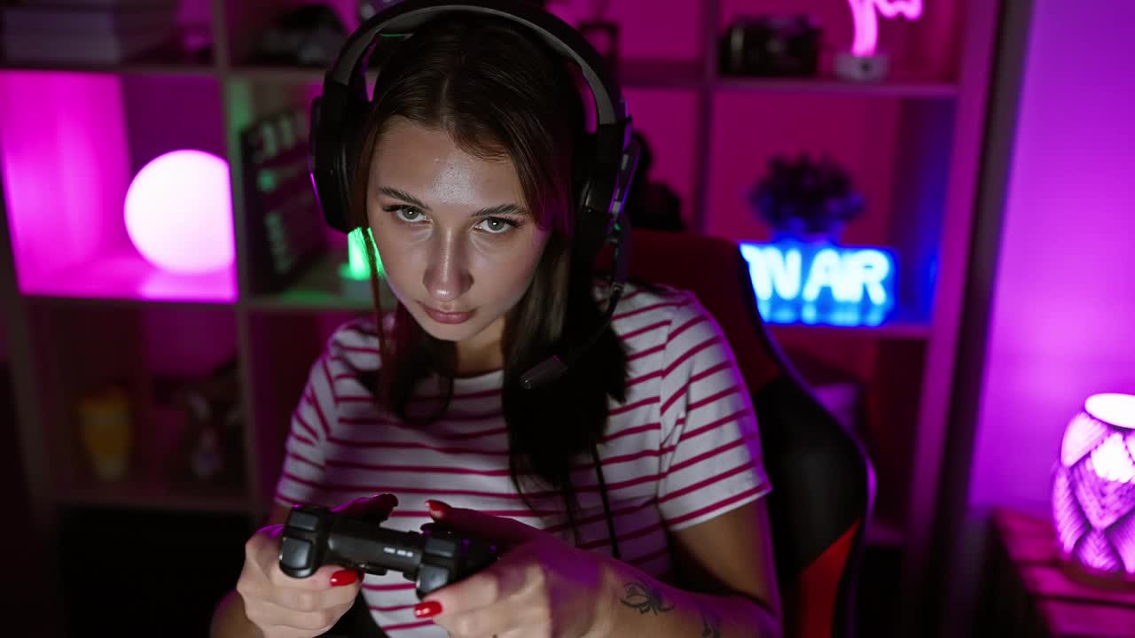 一个专注的女人晚上在一个充满活力的霓虹灯的房间里戴着耳机，拿着控制器玩游戏。视频下载