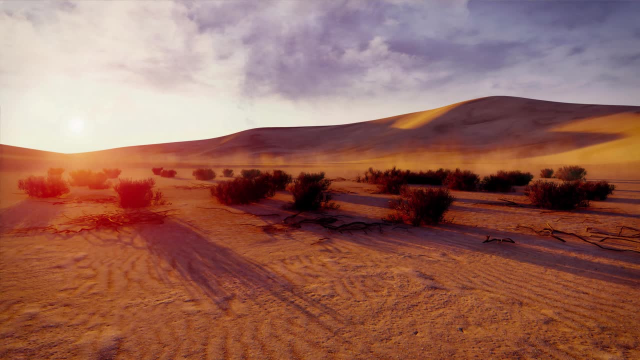 日落时分多云天空的沙质沙漠景观视频下载