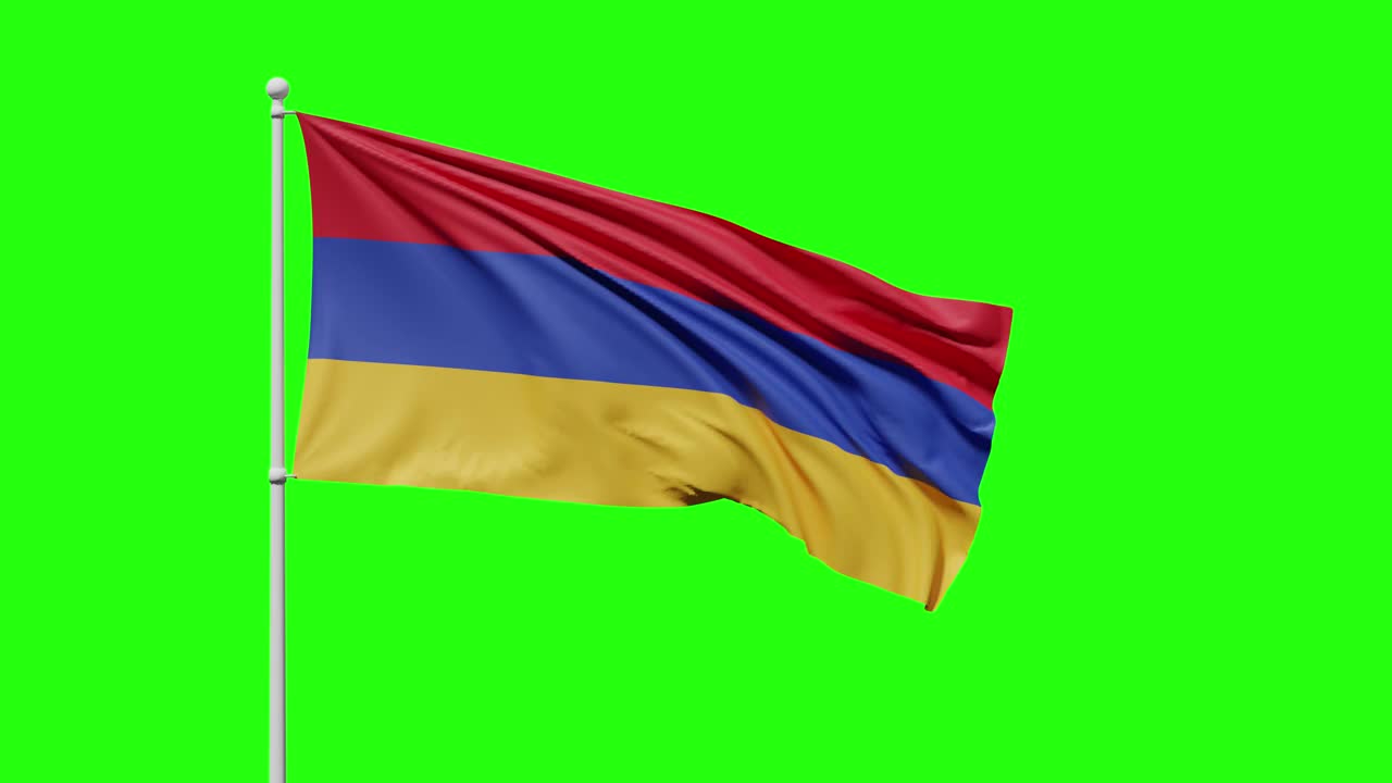 亚美尼亚国旗，有红色、深蓝色和芥末黄色的三横条纹，迎风飘扬，衬着绿色的屏幕或色度键视频下载