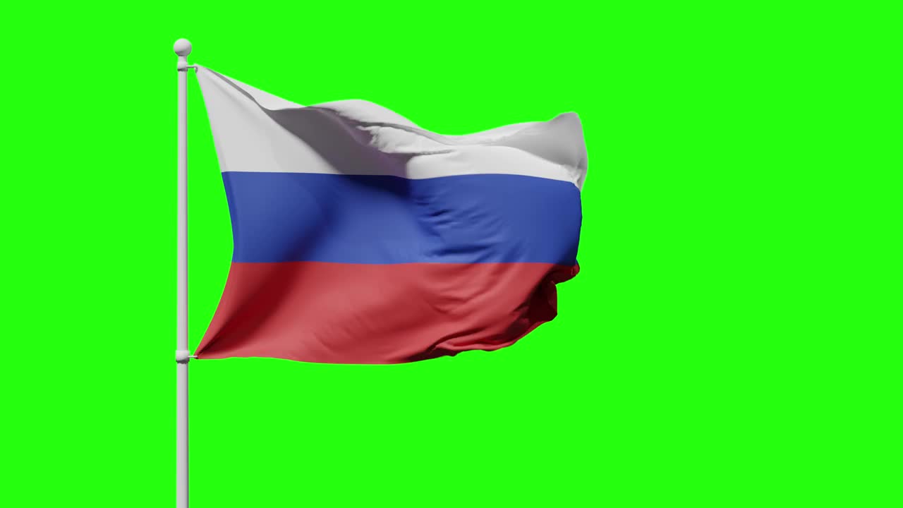 俄罗斯国旗上有三道白蓝相间的横条纹，在绿色屏幕或色度键的衬托下迎风飘扬视频下载