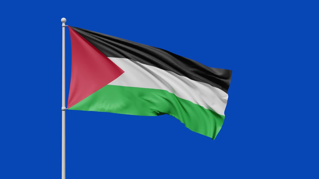 带有黑、白、绿条纹和红色三角形的巴勒斯坦国旗在风中飘扬，背景是蓝色的屏幕或色度键视频下载