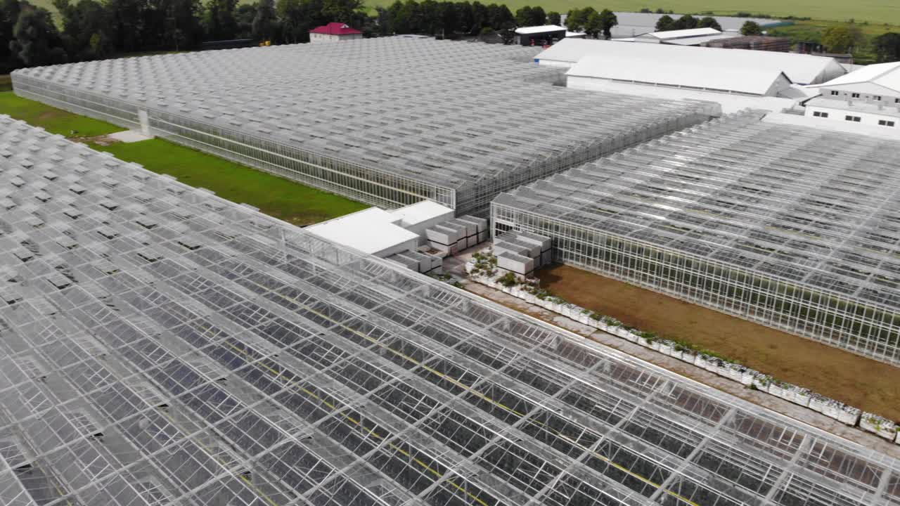 大温室蔬菜鸟瞰图，温室透明玻璃屋顶。现代高科技温室俯瞰。鸟瞰大型工业技术温室。视频素材