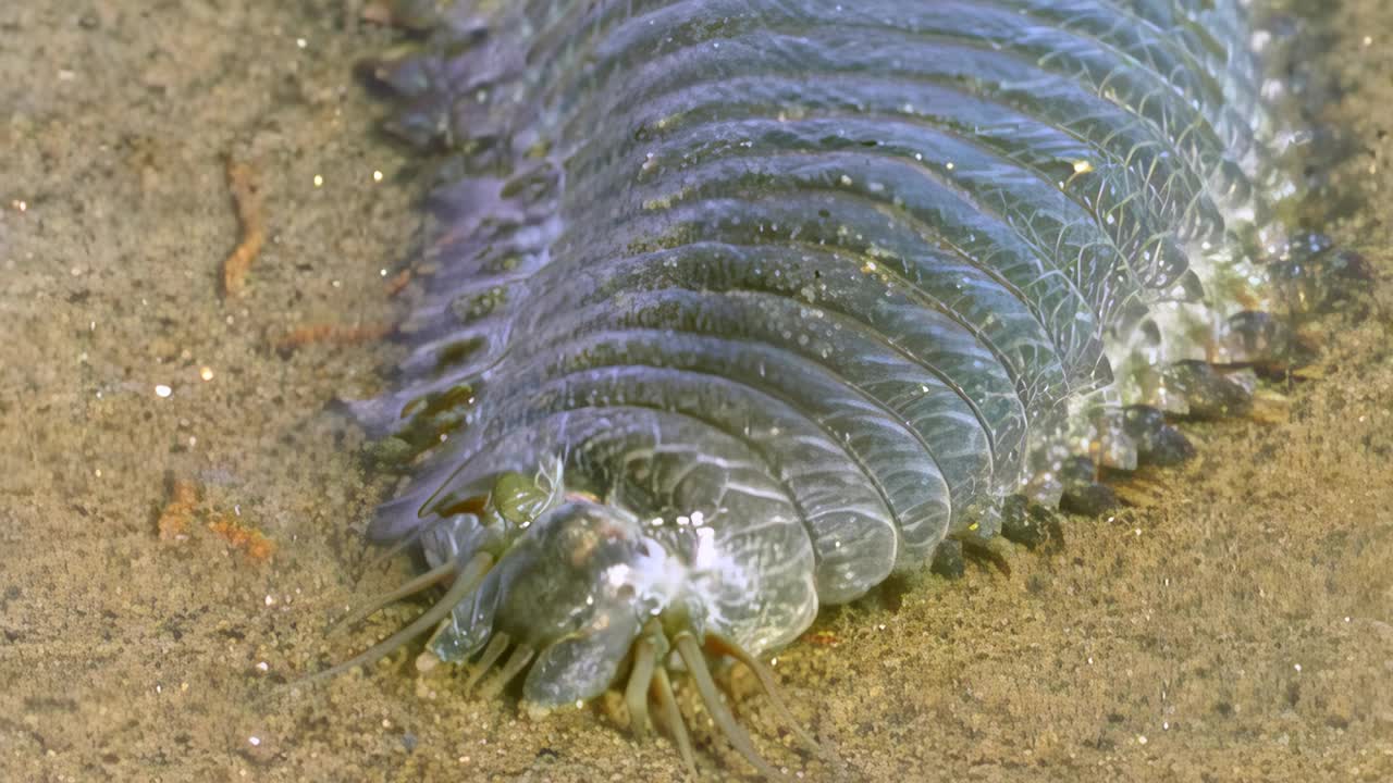 在清澈的海水中，沙质海床上的水下海蠕虫，特写。视频下载