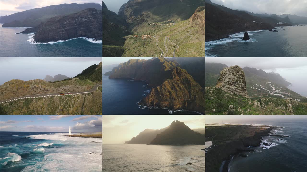 在特内里费群岛的加那利岛上收集的各种无人机视频。西班牙特内里费火山岛上令人难以置信的山景。从无人机鸟瞰加那利群岛山脉。创意马赛克视频视频下载