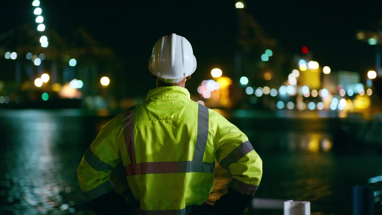 男人，背和工程师戴安全帽在夜间港口的供应链，分销或航运行业。男性的后视图，承包商或建筑师工作到很晚，等待发货视频下载