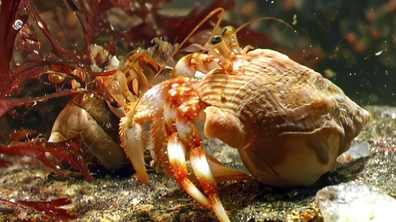白海海底动物群中小龙虾癌症隐士行为。视频下载