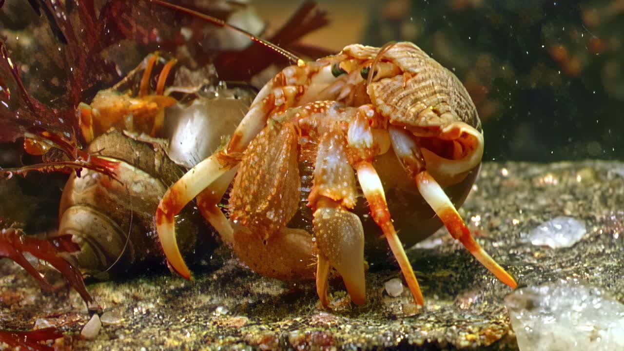 白海海底生态中的小龙虾癌症隐士。视频下载