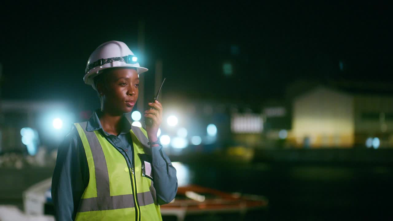 黑人妇女，工程师，晚上在港口用无线电通信或室外信号。非洲女性或承包商工作到很晚，用录音机讨论或交谈视频下载