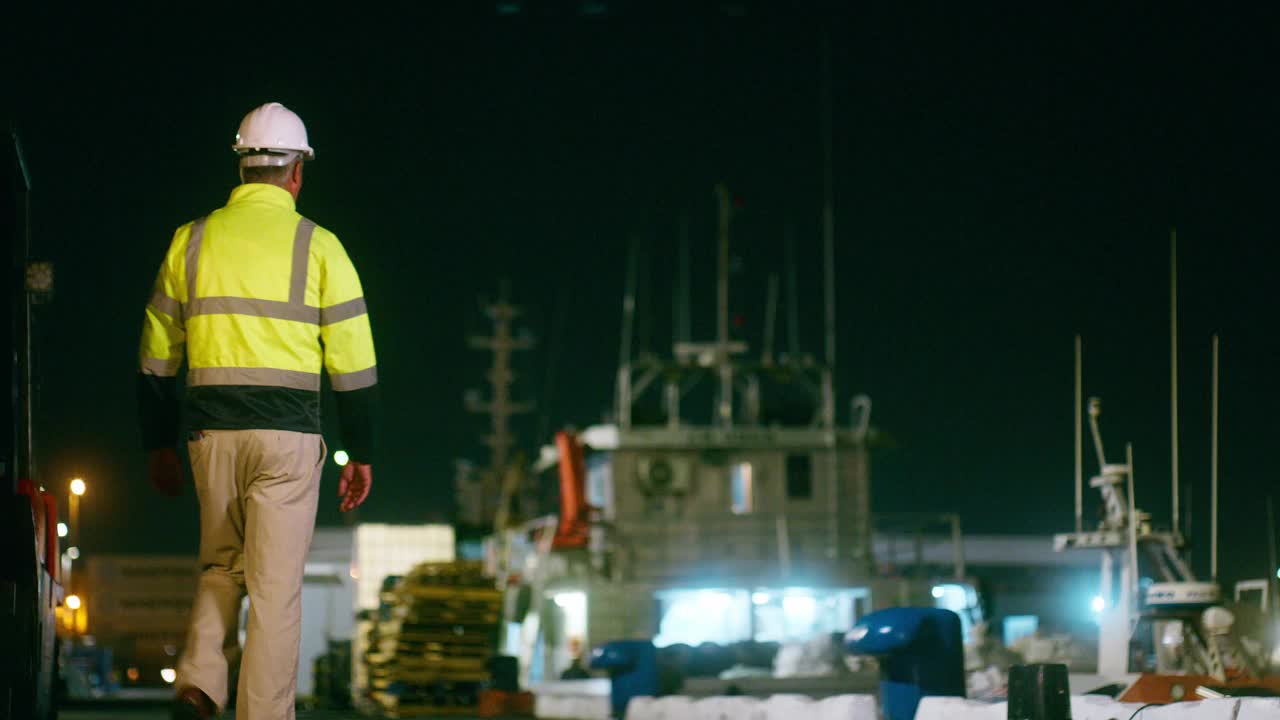 人力，物流和货物运输在港口现场晚上出口产品。工头、船工和工业企业或公司的雇员作为经理进行指导和监督视频下载