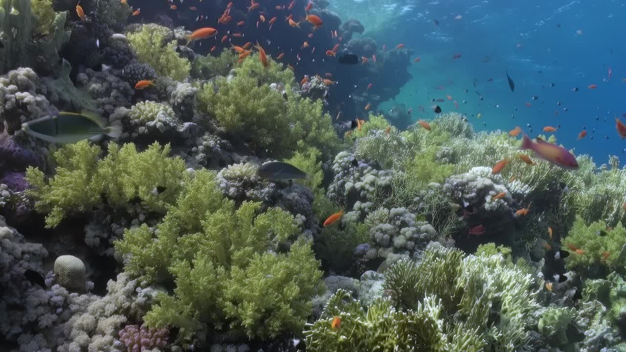 有各种各样的鱼在周围游动的珊瑚礁视频下载