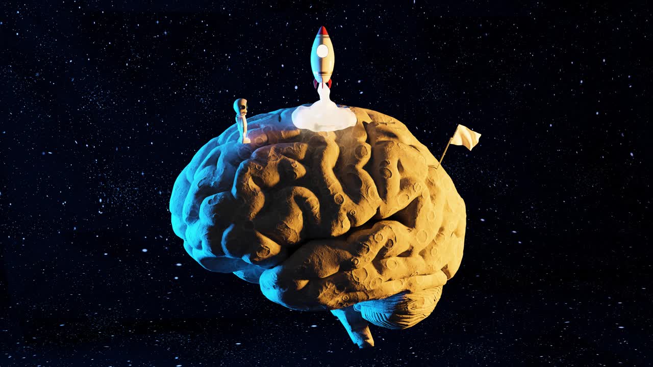 夜间宇航员和宇宙飞船大脑的3D动画视频下载