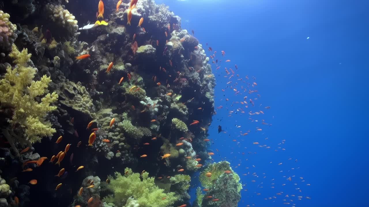 珊瑚礁上有很多鱼，其中包括大量的橙色鱼视频下载