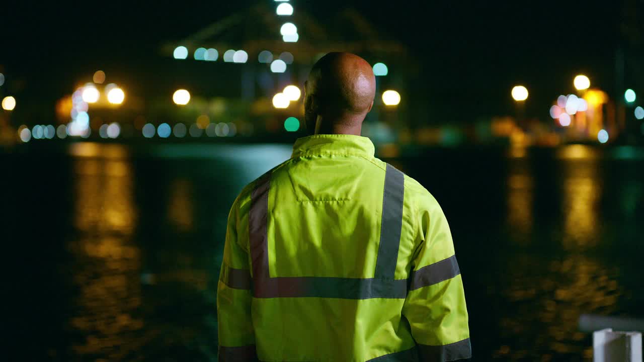 男人，背和工程师戴安全帽在夜间港口的供应链，分销或航运行业。男性，承包商或雇员的后视图，工作到很晚，在货运站等待视频下载
