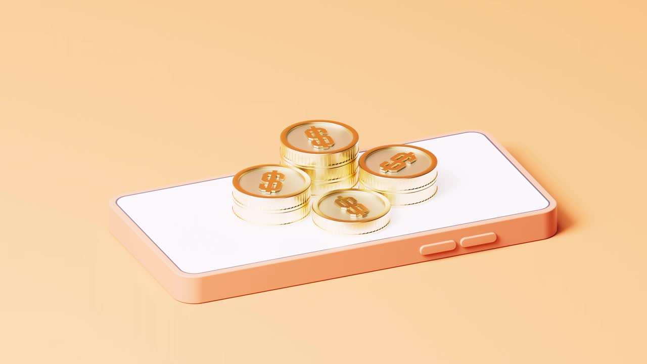 手机和金币，3d渲染。视频下载
