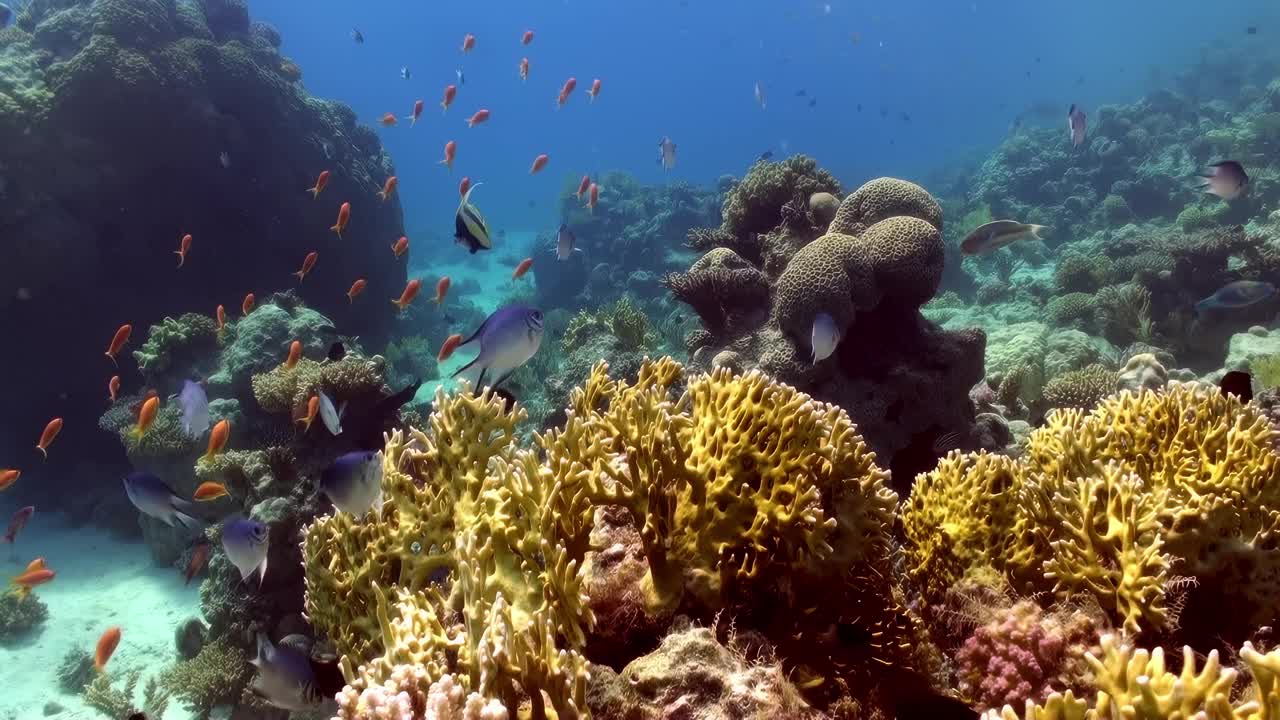 珊瑚礁充满了生命，包括各种各样的鱼类和海洋植物视频下载