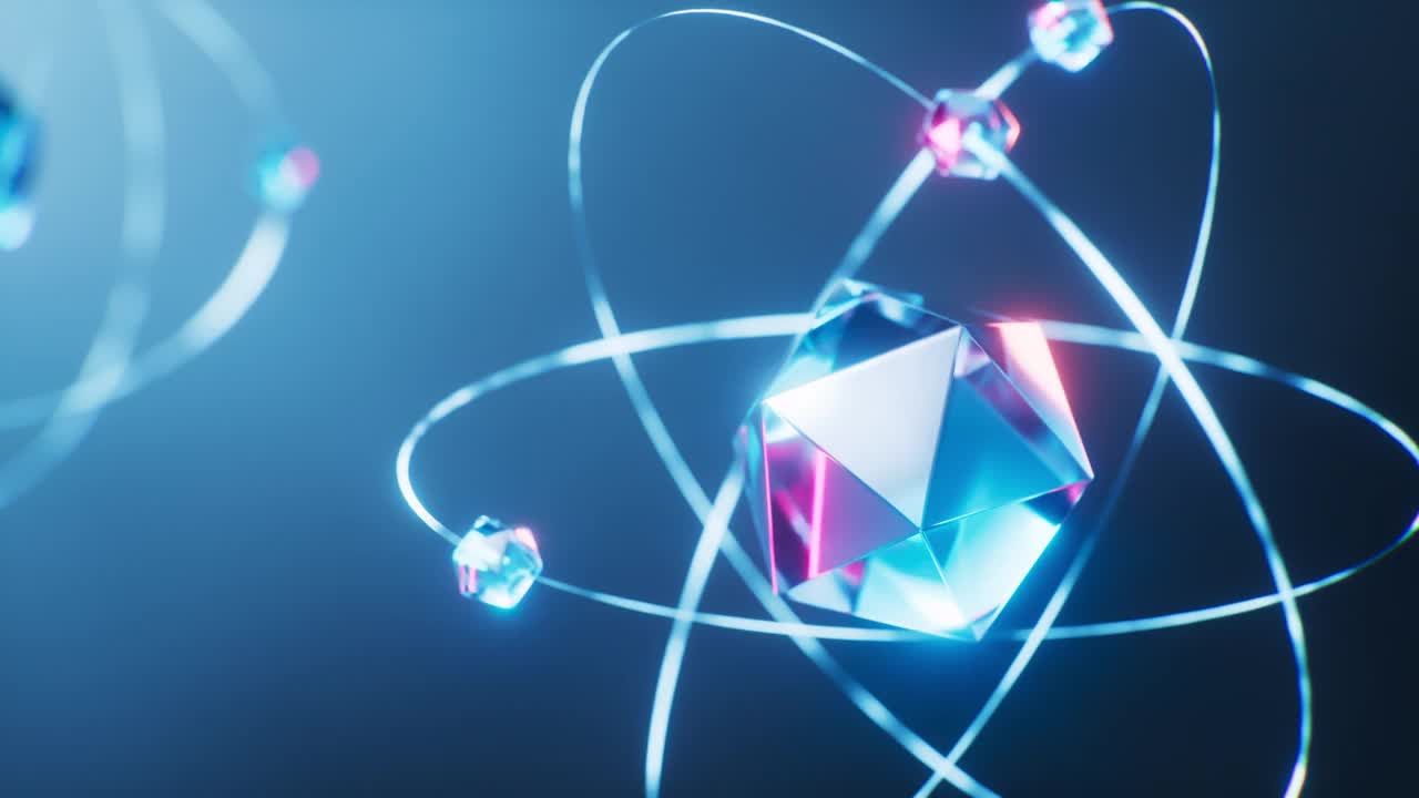 深蓝色背景的物理原子，3d渲染。视频下载