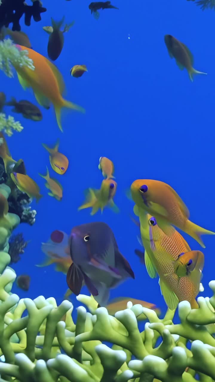 垂直视频展示了清澈蓝色海水中鱼类和珊瑚的水下世界。视频下载
