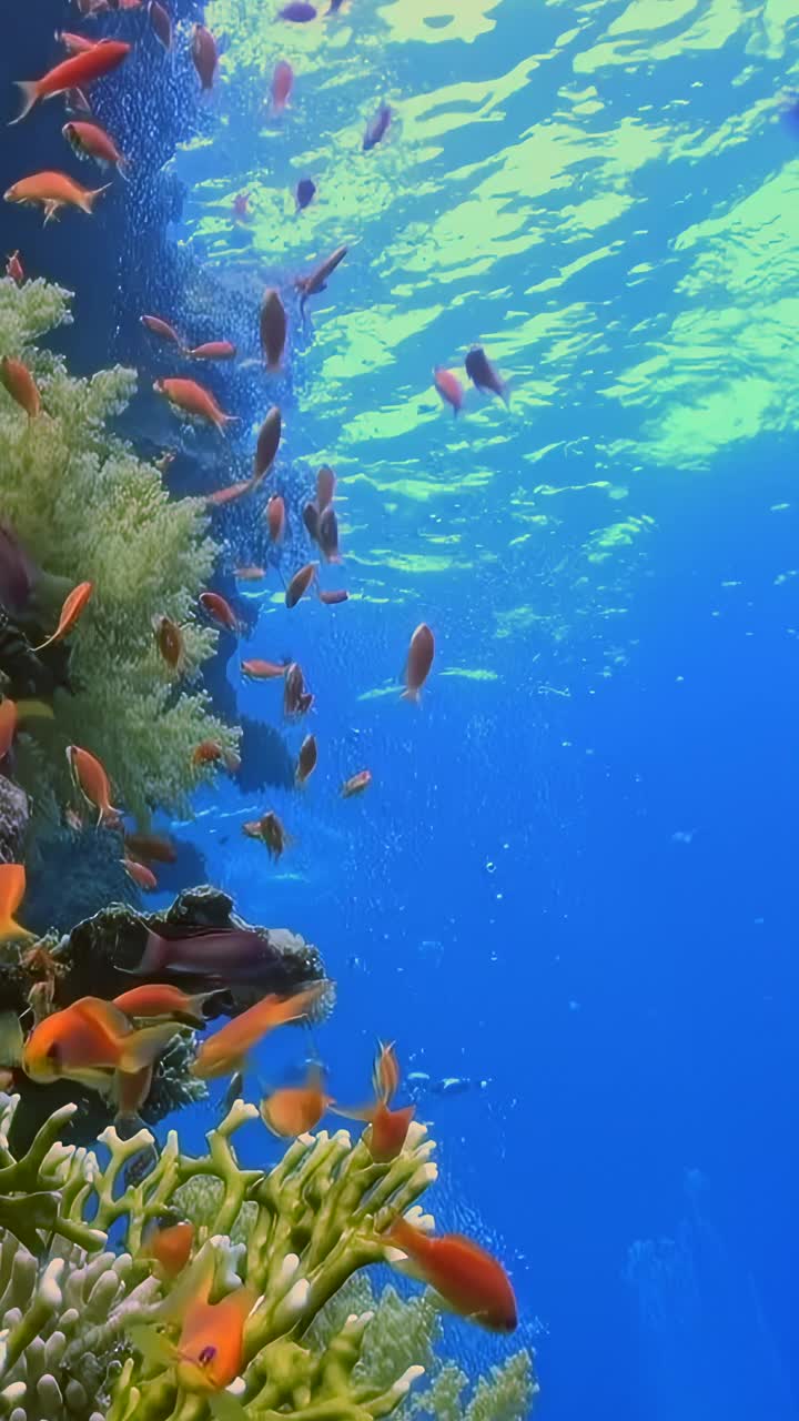 关于小橙色鱼在水下珊瑚中舞蹈的垂直放松视频。视频下载