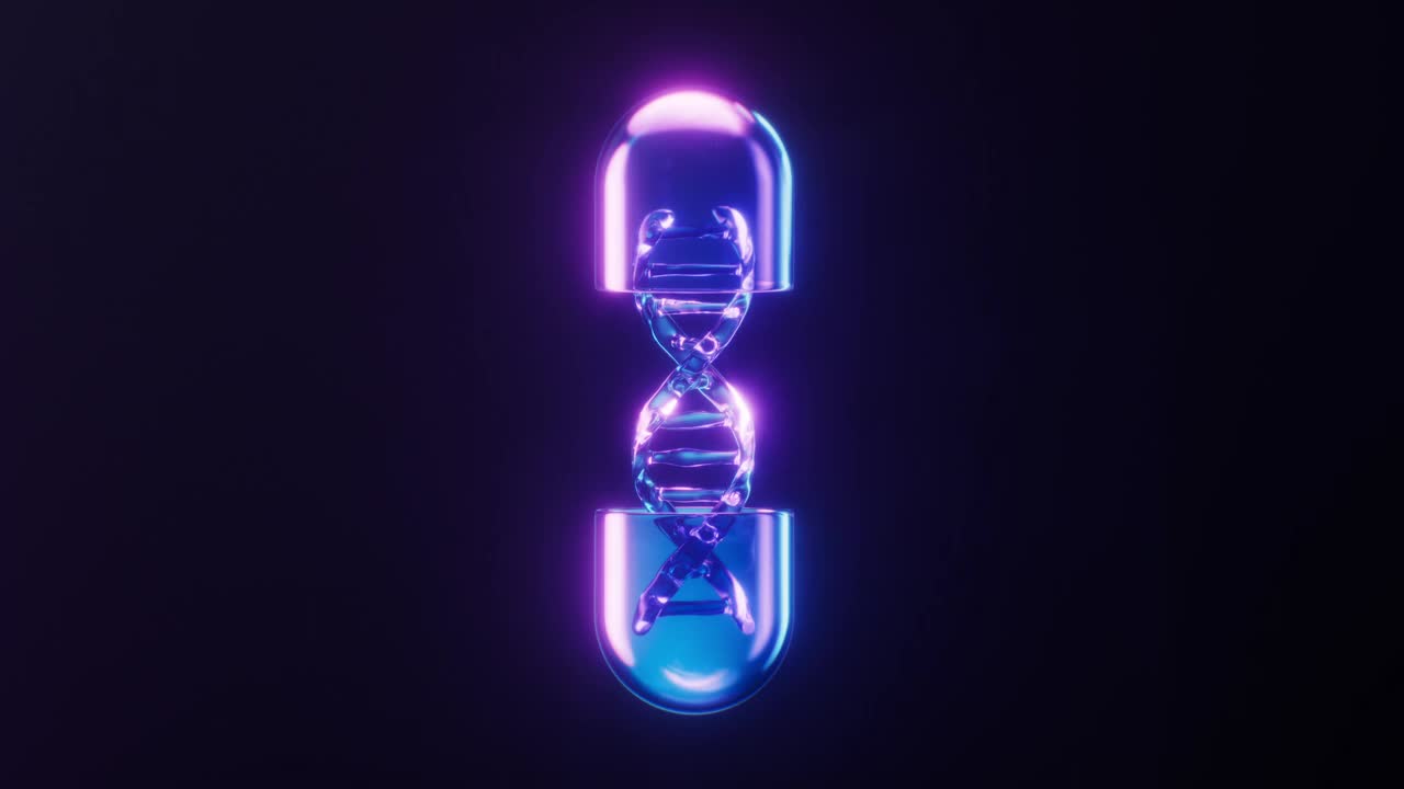 DNA和胶囊的循环动画，暗色霓虹灯效果，3d渲染。视频下载