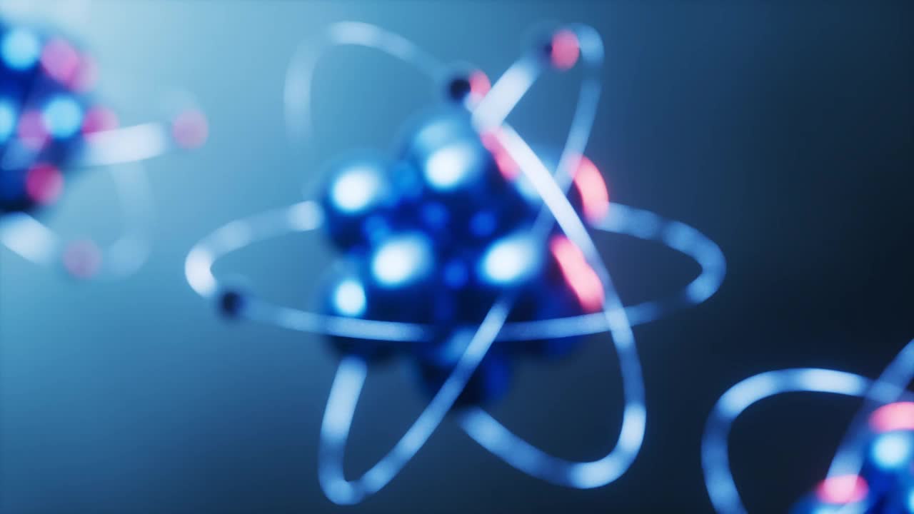 深蓝色背景的物理原子，3d渲染。视频下载