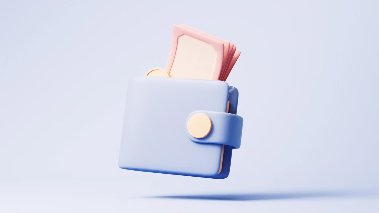 循环动画的蓝色卡通皮革钱包，3d渲染。视频下载