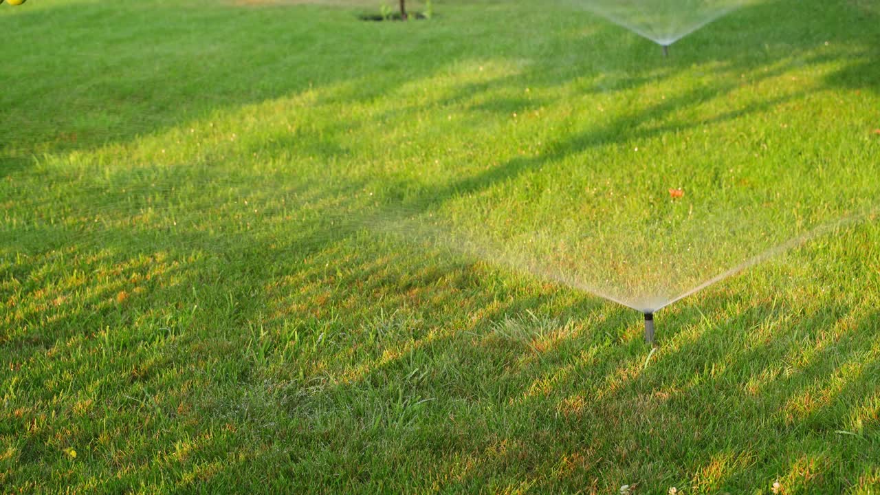 浇水时，夏日夕阳落在绿草上的影子视频素材