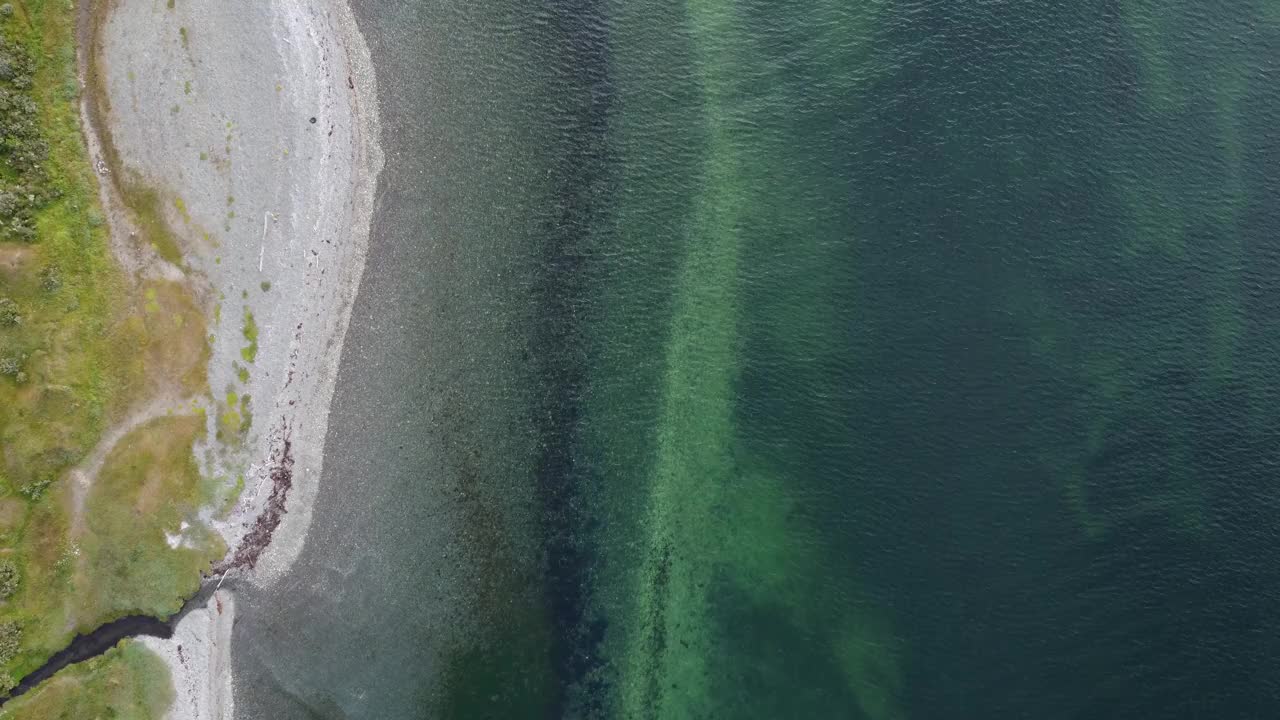 摄像机沿着比格尔海峡的海岸向上平移，绿色的大海和小波浪白色的卵石滩视频下载