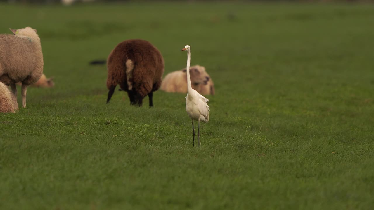 一只大白鹭(Ardea alba)在草地上狩猎，背景是羊，然后飞走了视频下载