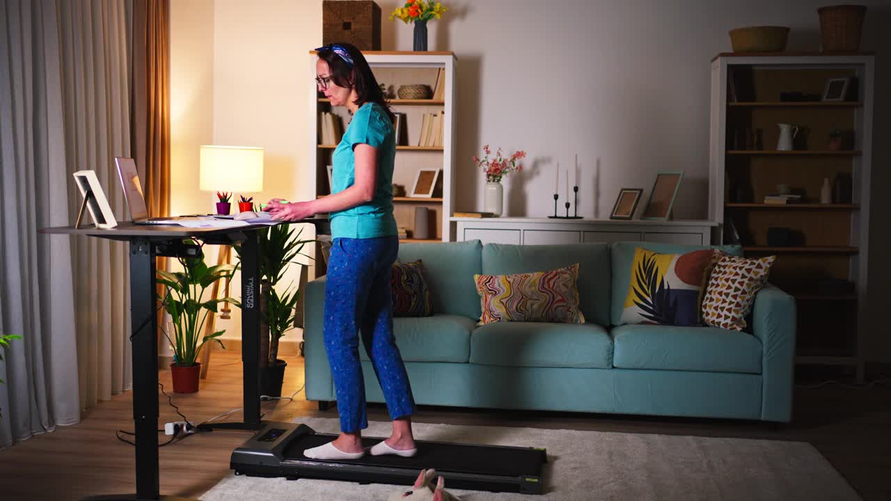 站立式家庭办公室的女性，在工作的同时，她也在跑步机上锻炼。视频下载