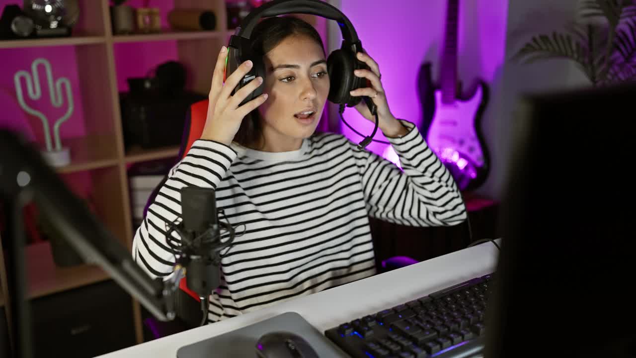 一位戴着耳机的西班牙裔女性在黑暗的游戏室内使用电脑。视频下载