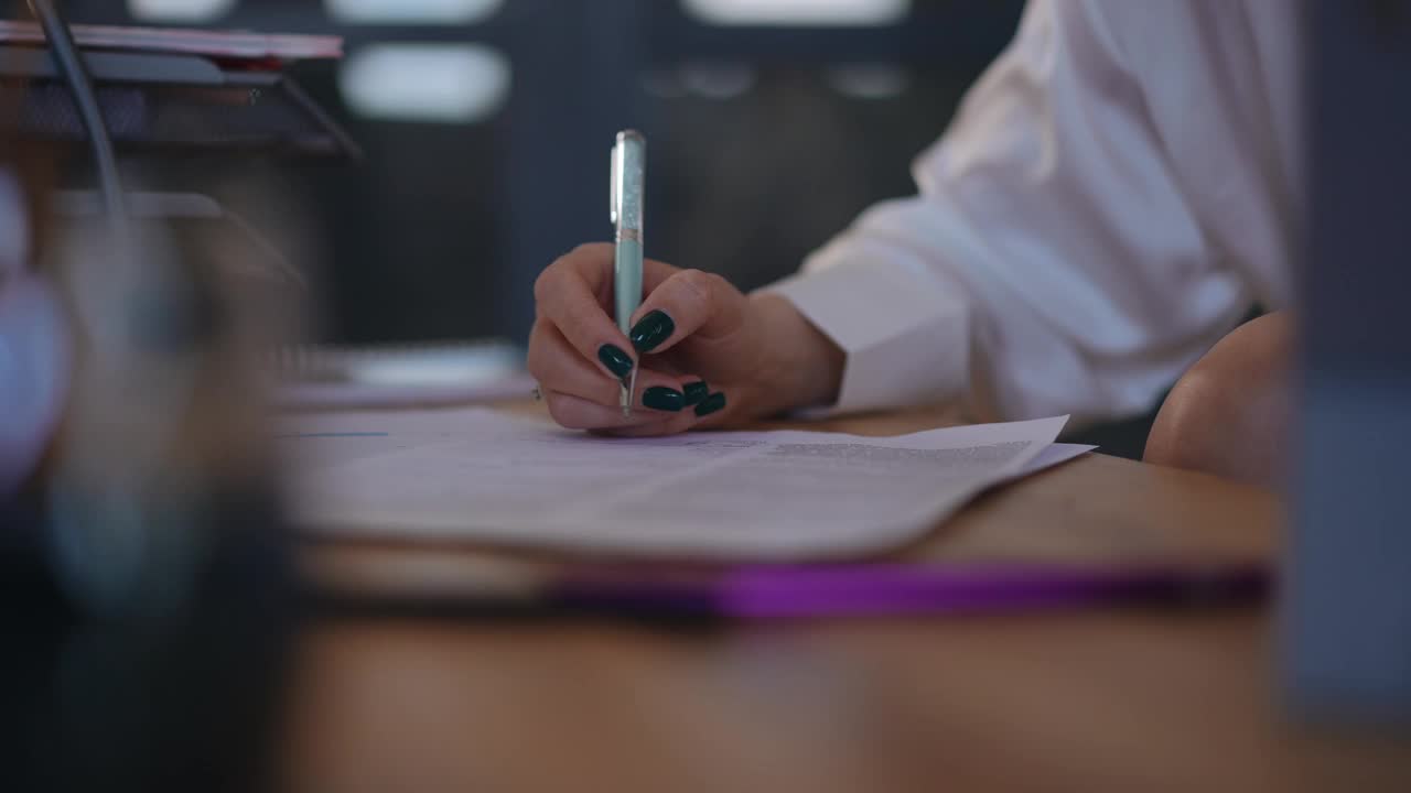 特写镜头。一位穿着白衬衫的陌生女子坐在室内，拿着一支笔在桌子上的文件上签名。视频素材