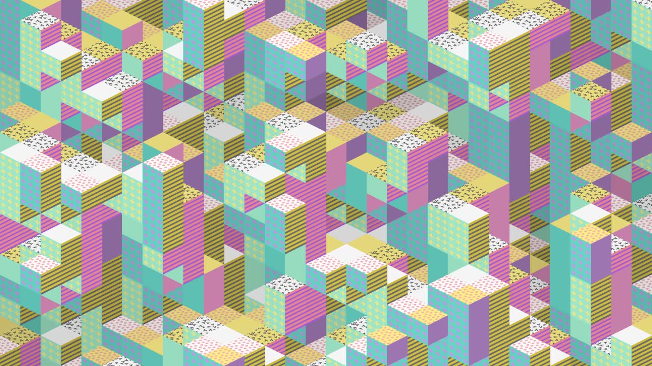 复古立方体循环。孟菲斯设计，80 - 90年代风格。等距几何3D块。视频下载