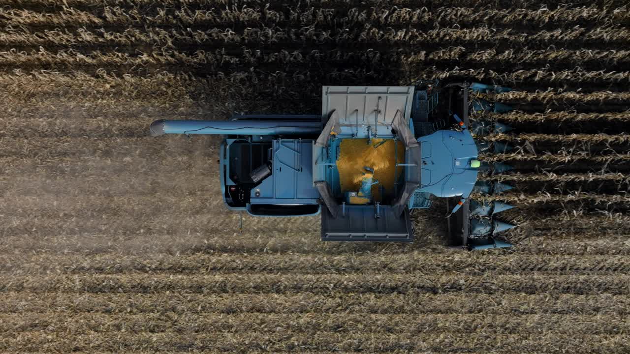 加拿大魁北克，拖拉机和农业机械收割玉米田的鸟瞰图。视频下载