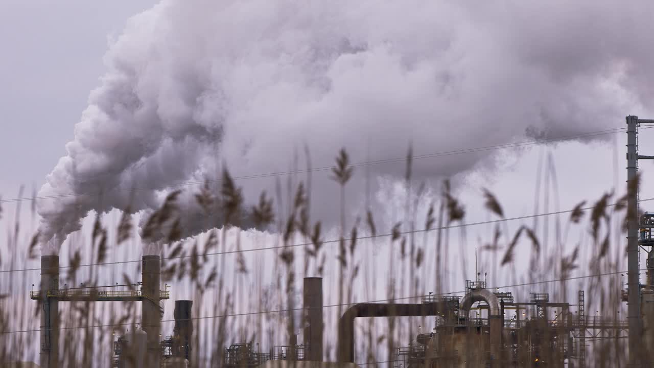 蒸汽从新泽西炼油厂的管道中喷涌而出。低角度视图视频下载