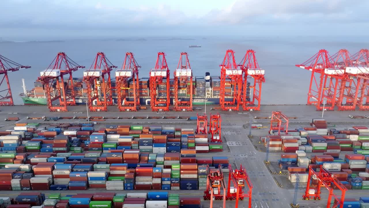 上海商港鸟瞰图，集装箱密集堆积，起重机繁忙装卸货船视频下载