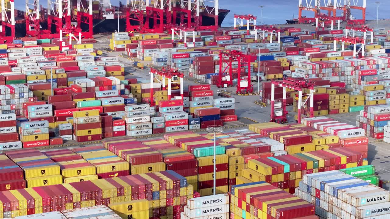 上海商港鸟瞰图，集装箱密集，起重机繁忙视频下载