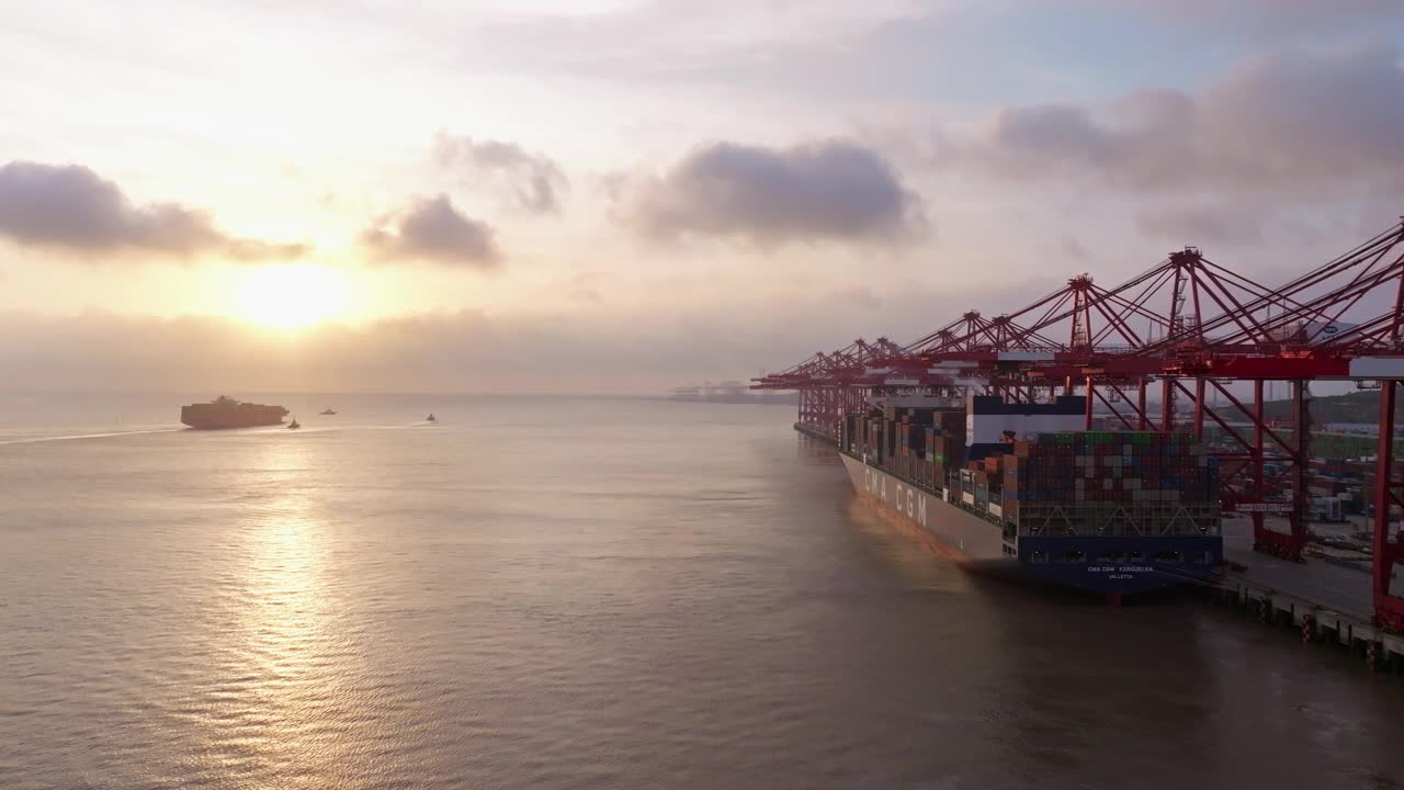 集装箱船装卸货物的港口鸟瞰图视频下载