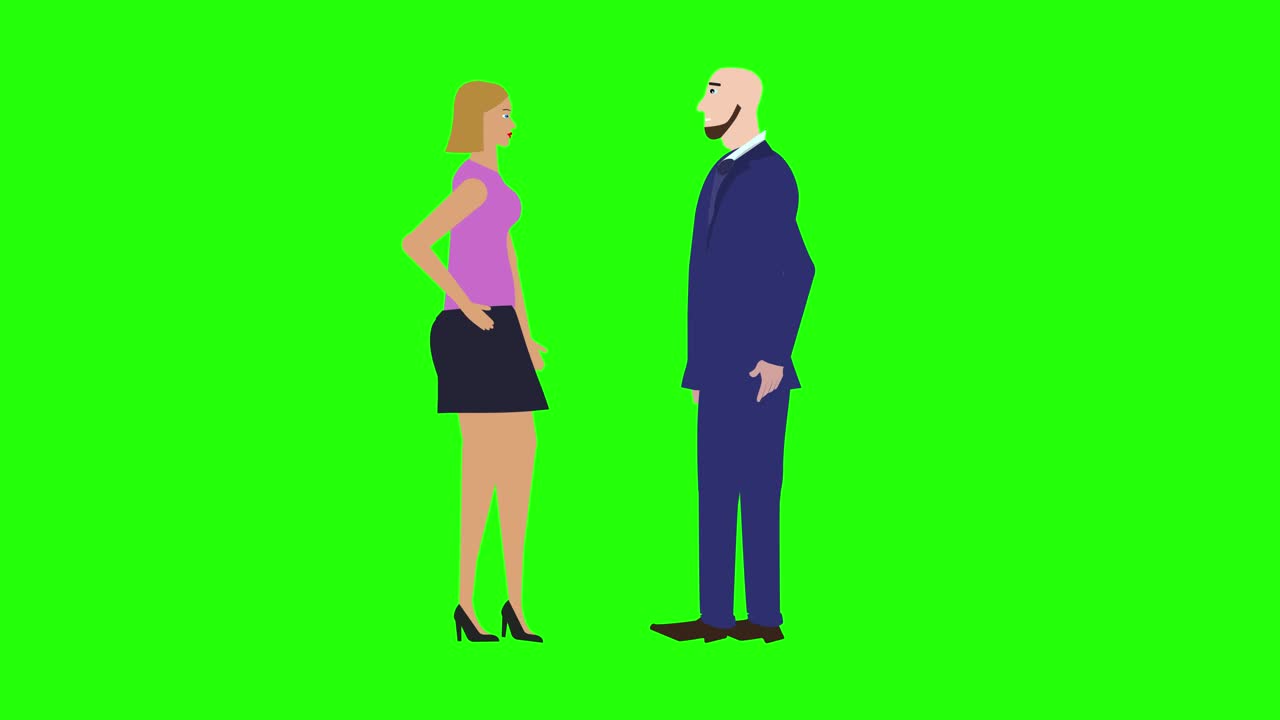 男人和女人的角色做握手，卡通动画，在绿色屏幕色度键视频下载