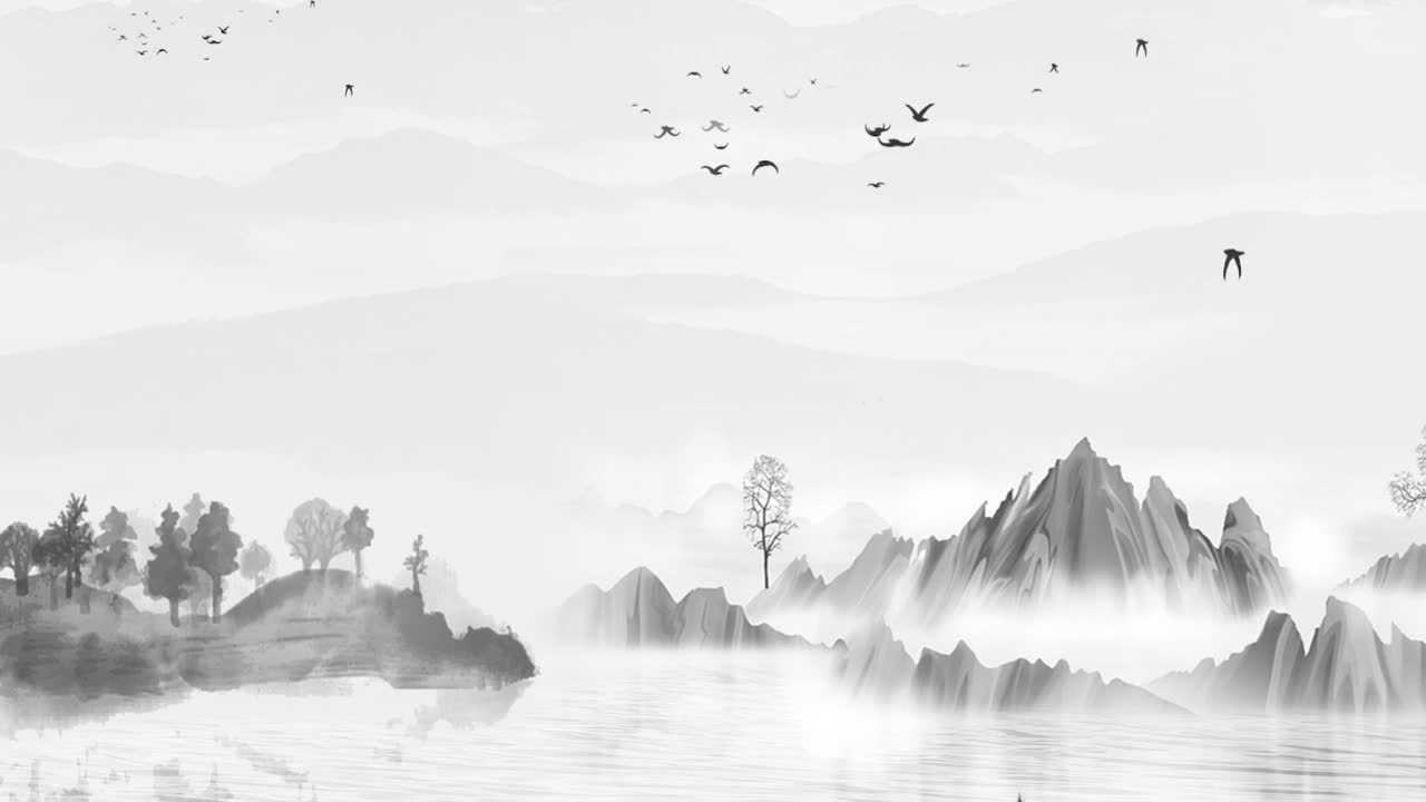 中国传统的东方数字艺术动画，中国画水墨以山中花、树、鸟、河中雾为背景的艺术品。中国山水、风景艺术品、烟山视频下载