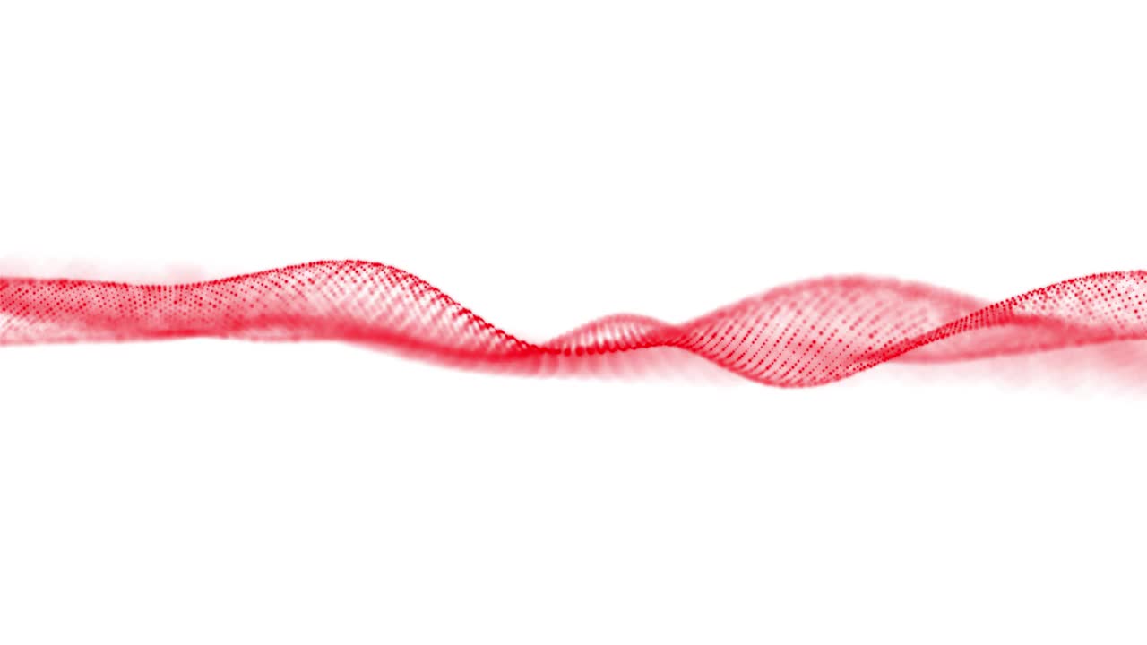 抽象红色网点网粒子的颜色。未来的粒子流在一个白色的背景。抽象浅红色圆点网粒子流动波动画图案半色调渐变曲线形状。视频下载