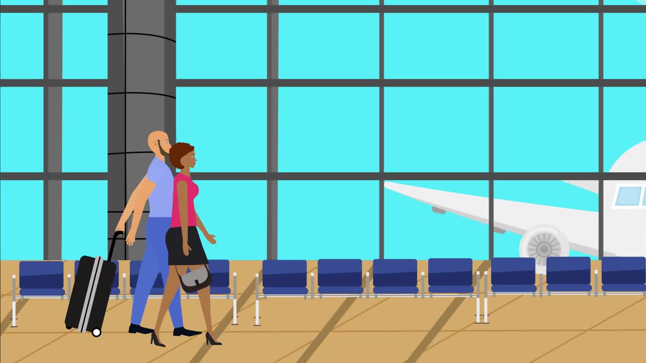 情侣带着行李在机场行走的平面动画，旅行的时间视频下载