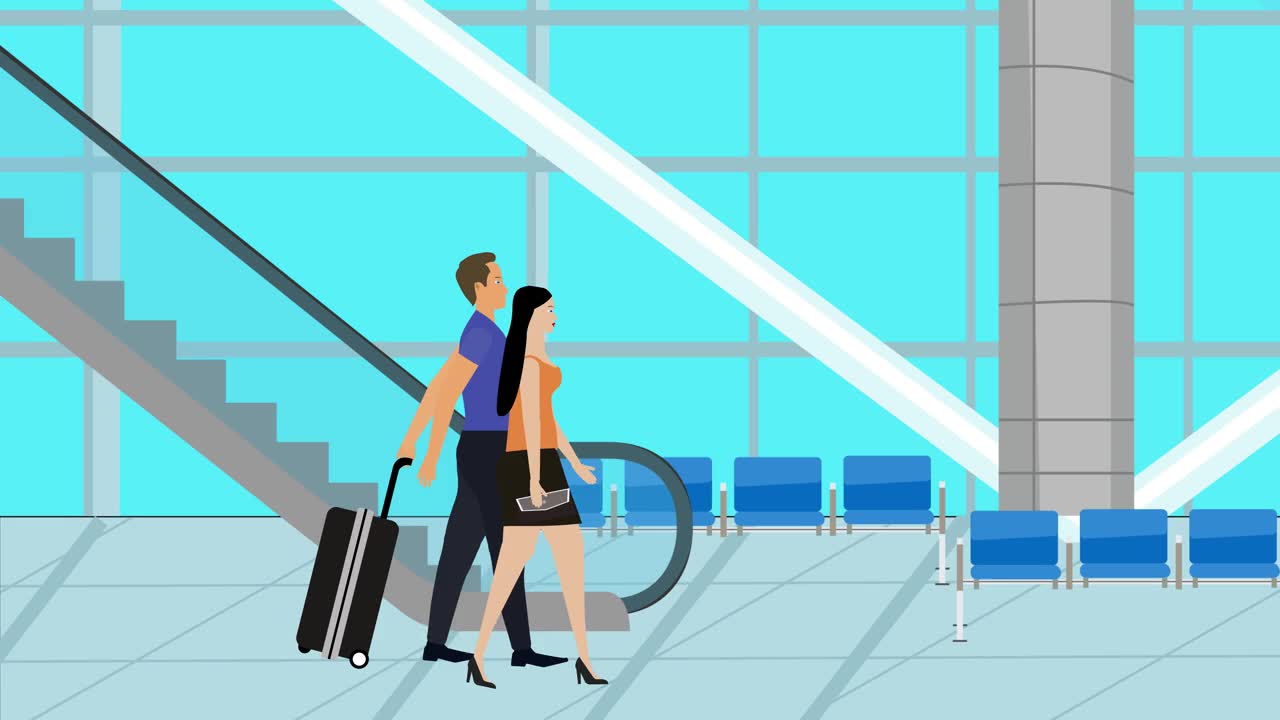 情侣带着行李在机场行走的平面动画，旅行的时间视频下载