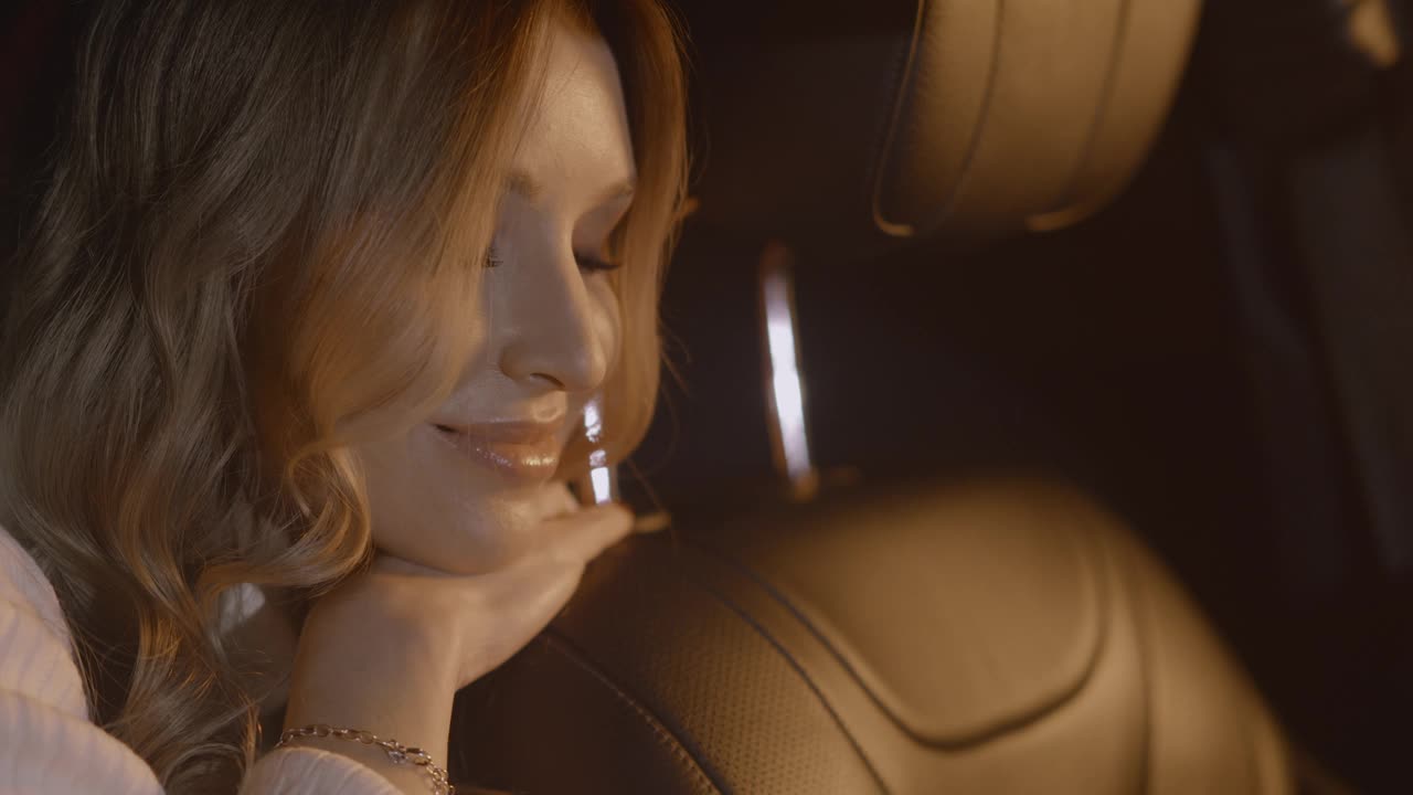 微笑的女人的脸，坐在车里的女士的肖像，灯光闪烁视频下载
