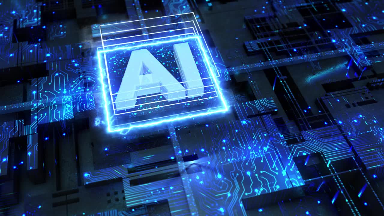 AI，人工智能芯片处理器技术背景，全球通信网络概念，AI图标码数字化，机器人机器虚拟现实，网络安全，互联网，社交媒体，编程码，二进制视频素材
