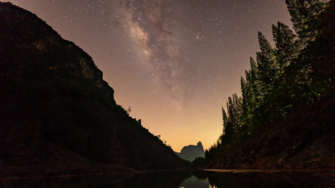 银河耸立在采石场的一个大池塘上，这是一个令人惊叹的景象。视频下载