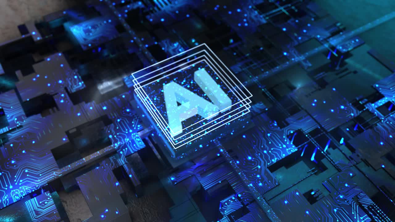AI，人工智能芯片处理器技术背景，全球通信网络概念，AI图标码数字化，机器人机器虚拟现实，网络安全，互联网，社交媒体，编程码，二进制视频素材