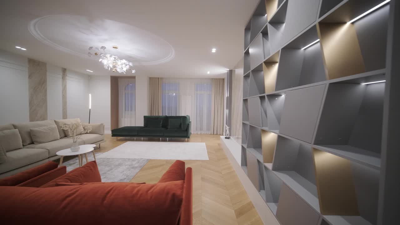 豪华的客厅与声明照明和几何架子视频下载