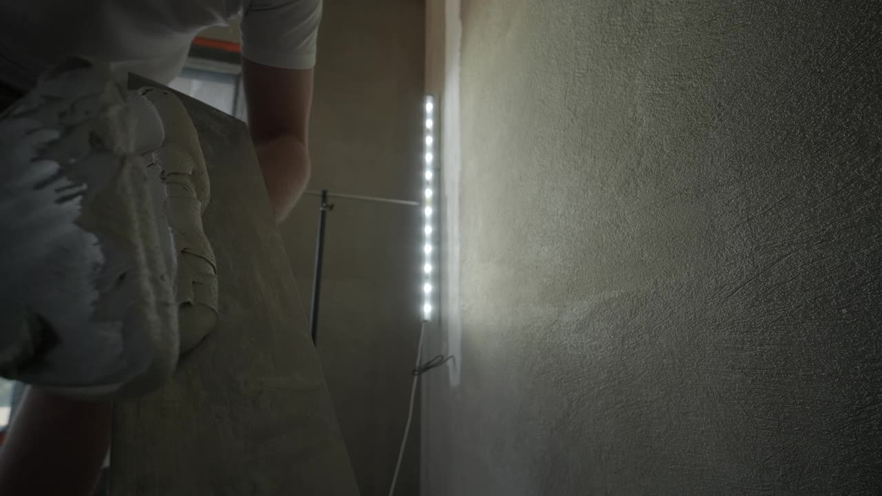 一个工人的手臂在石膏板上安装一个金属角头，以保护和界定灰泥的边缘视频下载