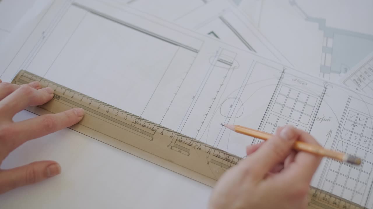 在详细的项目讨论中，设计专业人员关注建筑蓝图，织物样品和工具放在桌子上视频下载