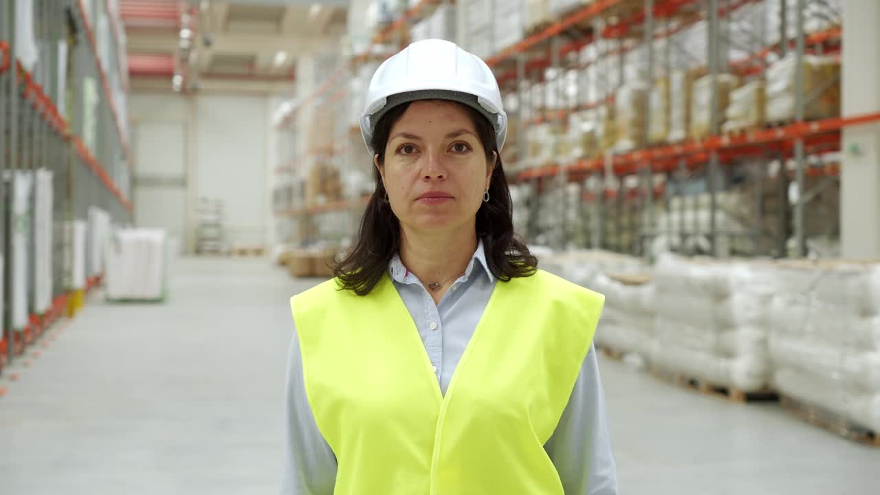 一位女工程师站在仓库里视频下载